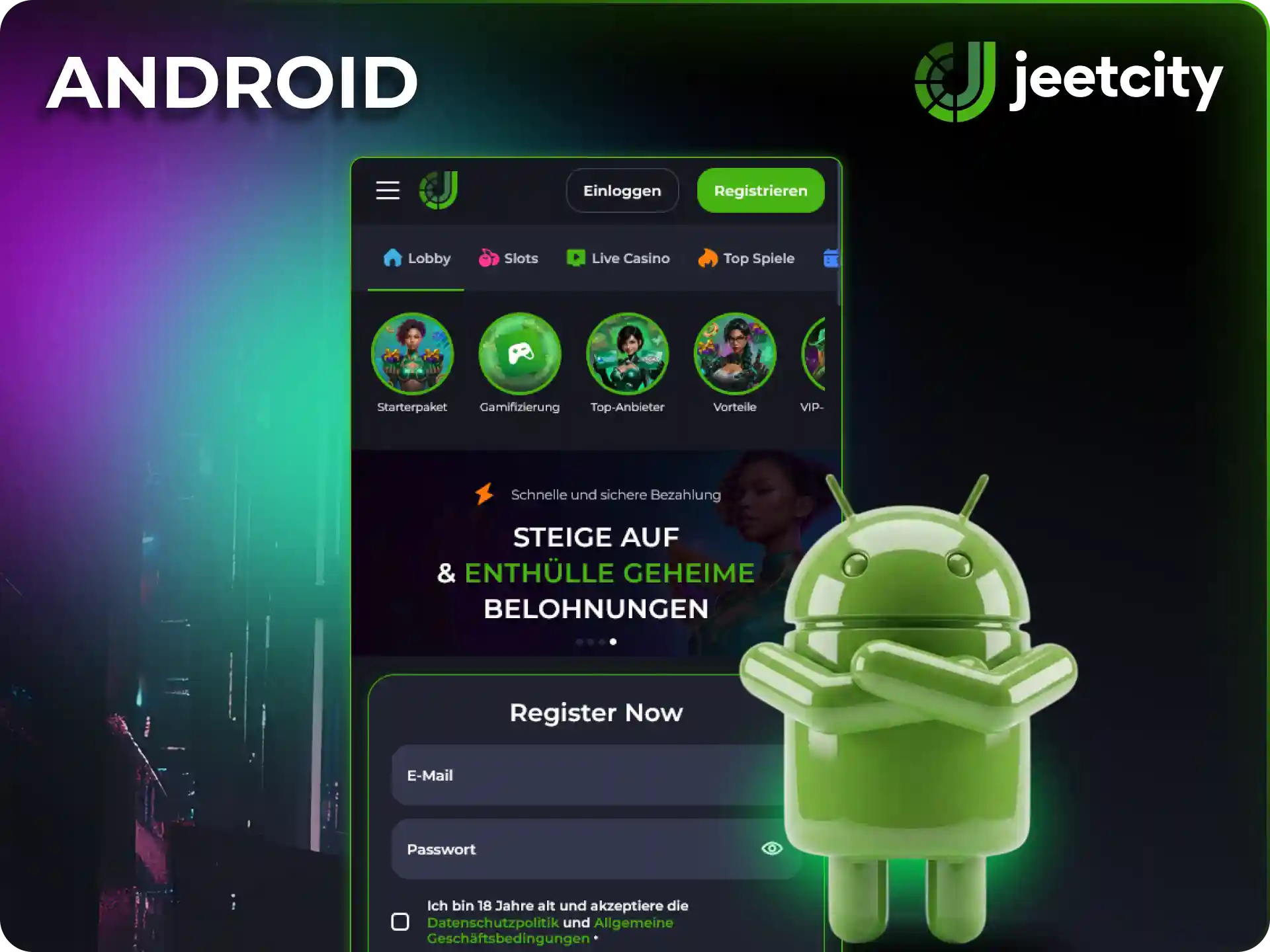 Nutze die praktische JeetCity App auf deinen Android Geräten für mobiles Spielen.