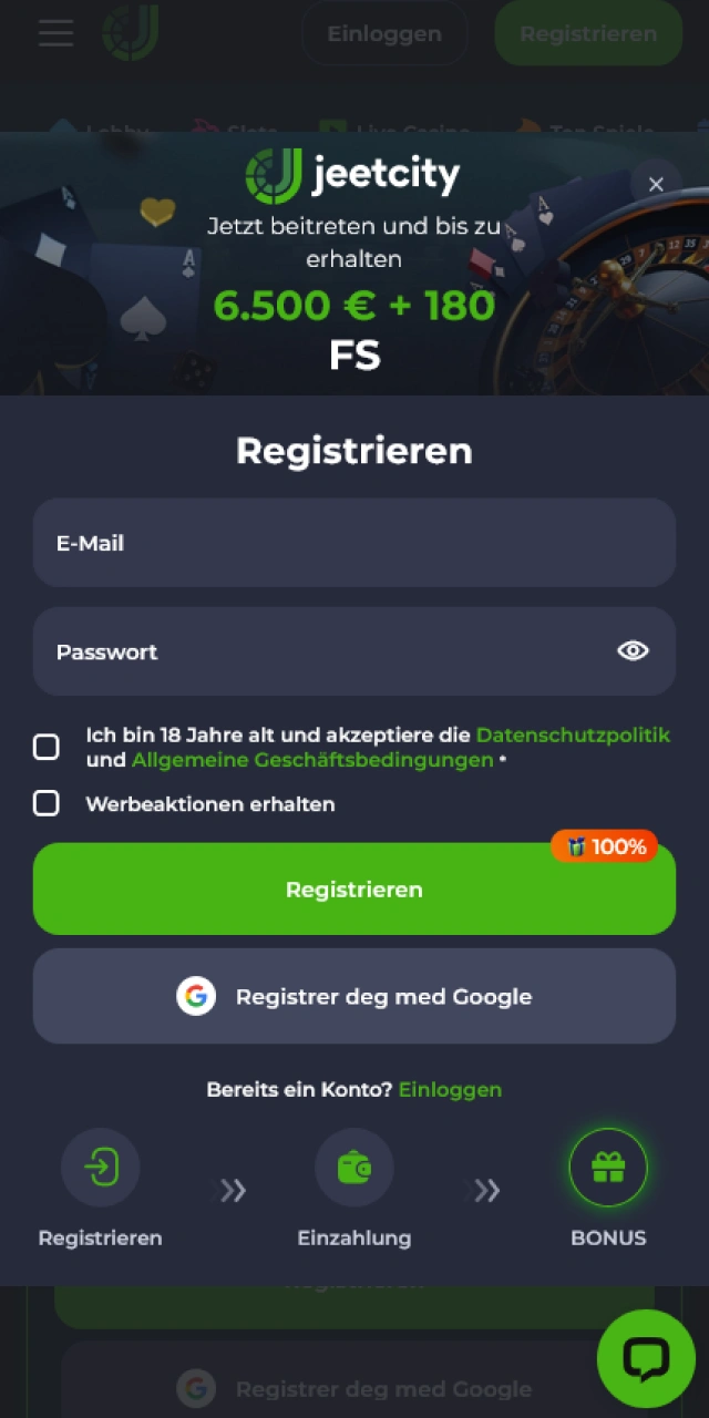 Erstelle ein neues Spielerkonto bequem über die JeetCity App.