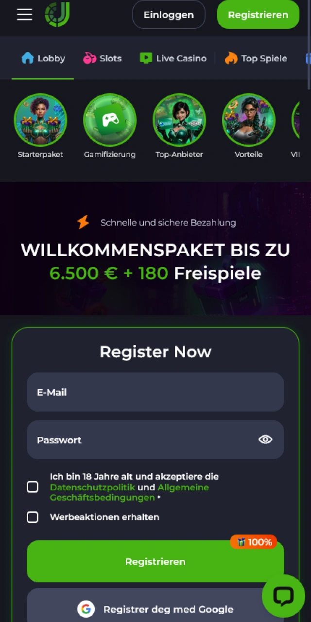Öffne die Startseite der JeetCity App und wähle dein Lieblingsspiel.