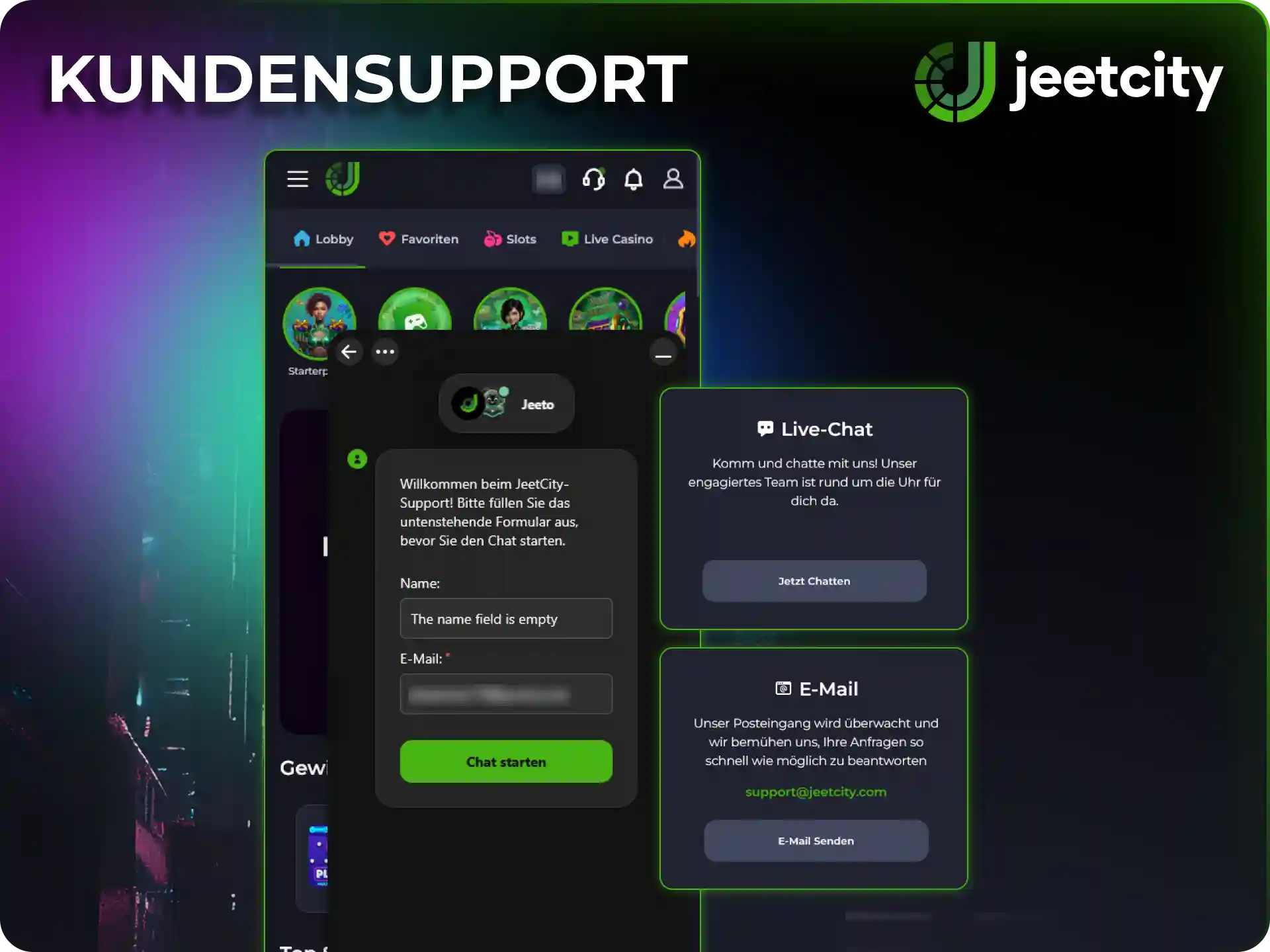 Kontaktiere den hilfsbereiten Kundenservice bei allen Fragen über die JeetCity App.