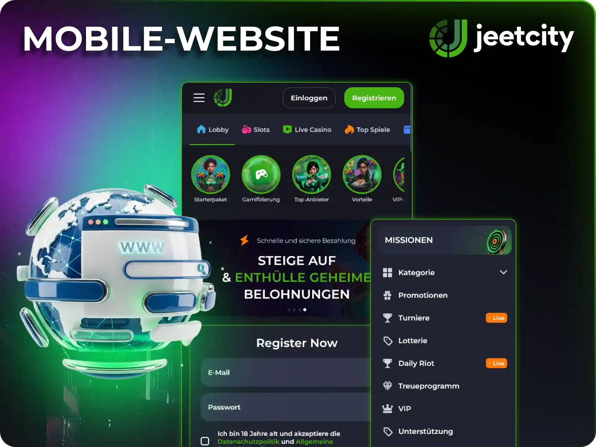 Besuche die mobile Website als flexible Alternative zur JeetCity App.
