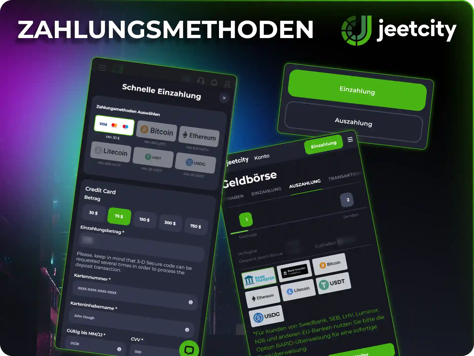 Nutze in der JeetCity App sichere Zahlungsoptionen für deine Einzahlungen.