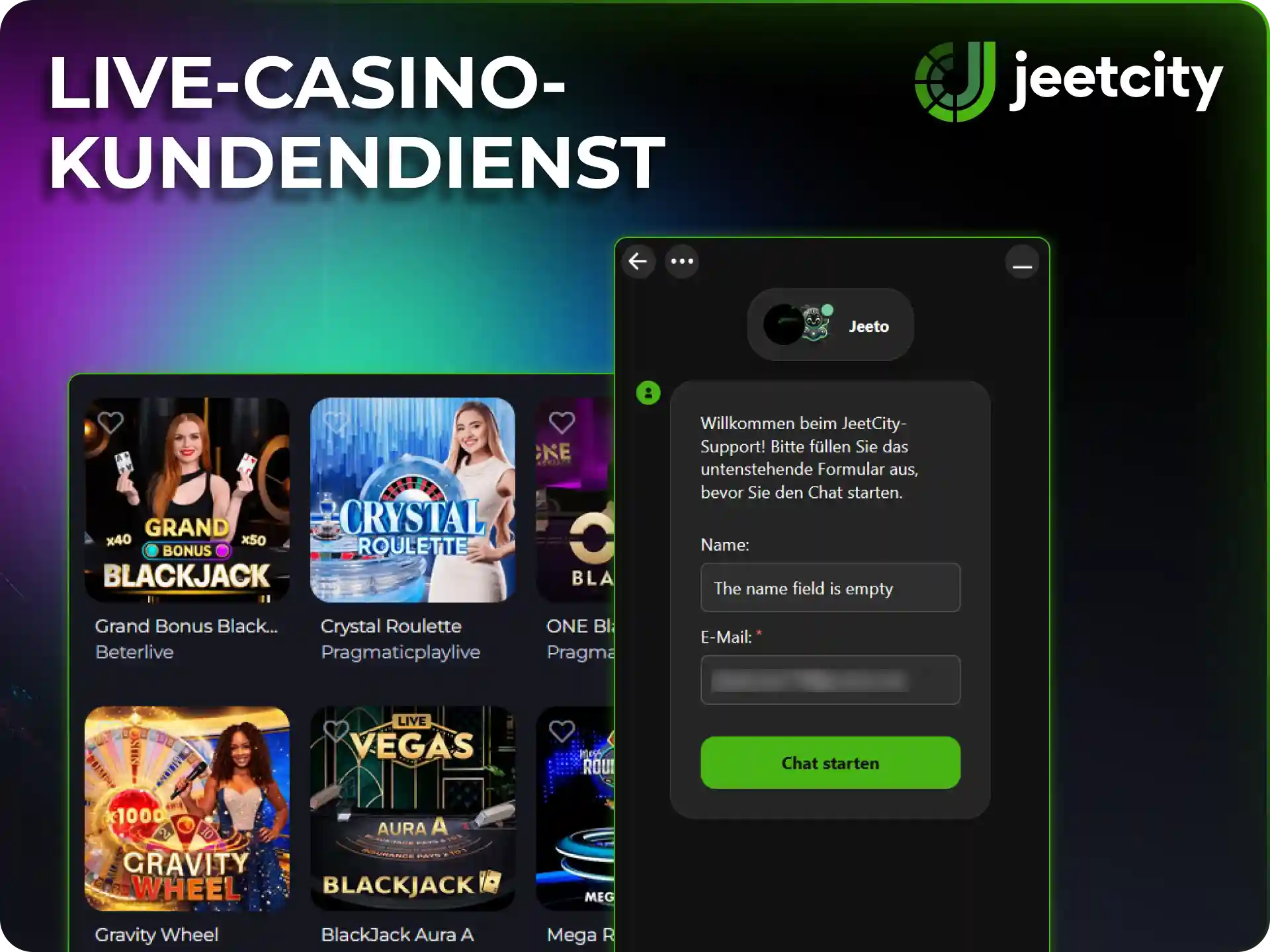 Kontaktiere den hilfsbereiten Support bei Fragen zum JeetCity Live Casino.