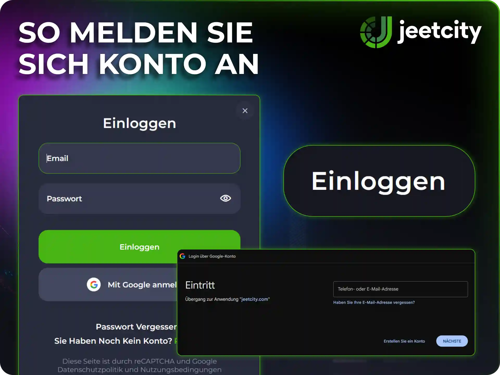 Melde dich nach erfolgreicher Registrierung in deinem JeetCity Profil an.