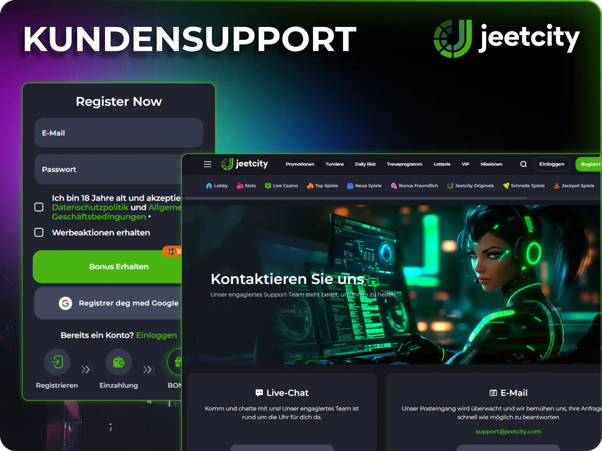 Kontaktiere das Support-Team bei allen Anliegen rund um die JeetCity Registrierung.
