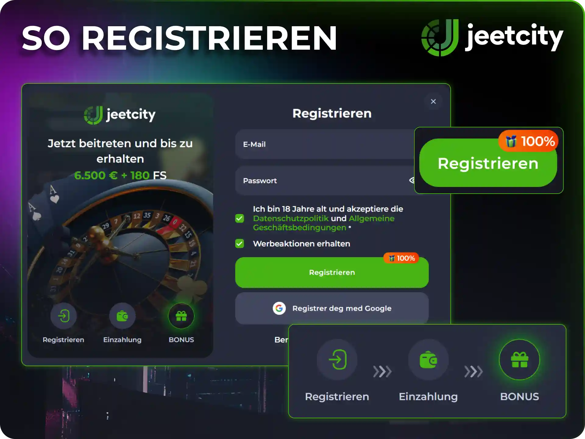 Erstelle ein neues Spielerkonto und schließe deine JeetCity Registrierung ab.