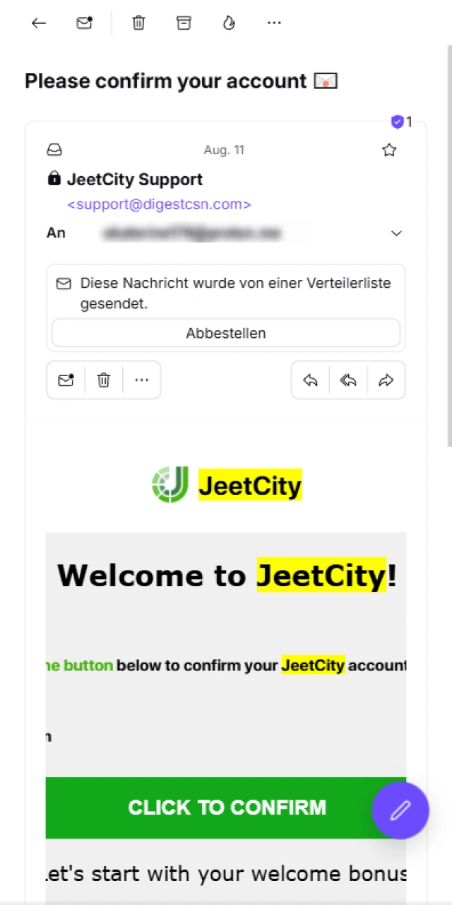 Bestätige die E-Mail-Anfrage für deine persönliche JeetCity Verifizierung.