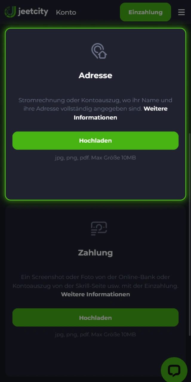 Reiche eine Verbrauchsabrechnung für die JeetCity Verifizierung deines Kontos ein.