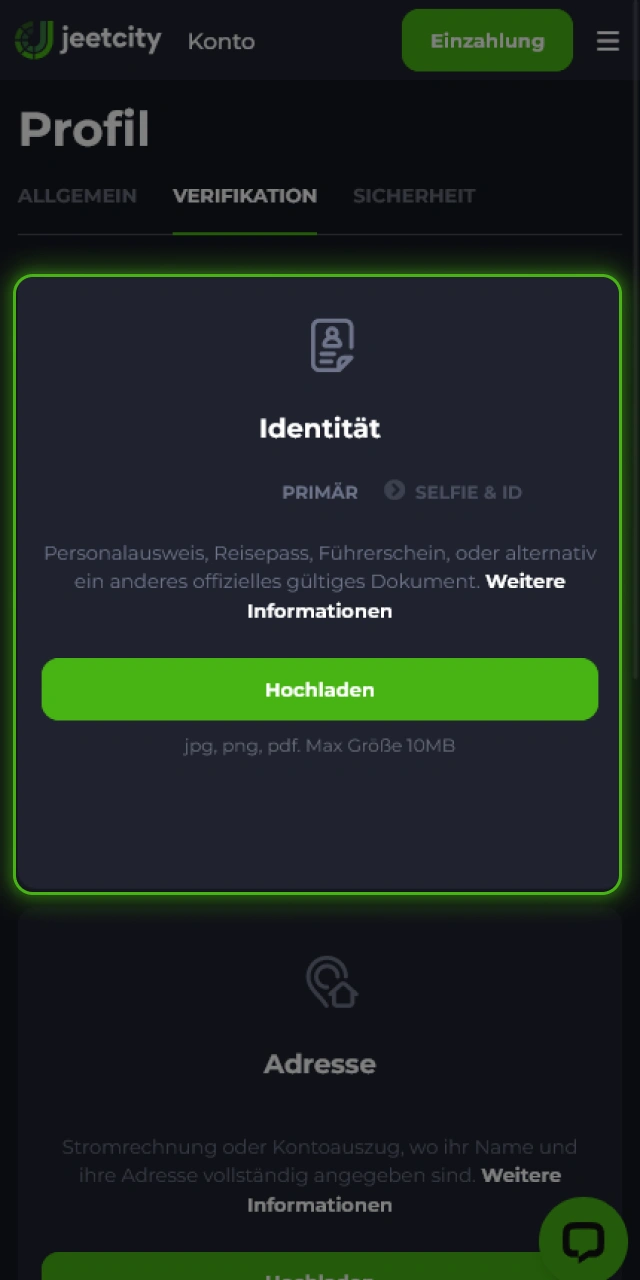 Lade deinen gültigen Ausweis im JeetCity Portal zur Verifizierung hoch.