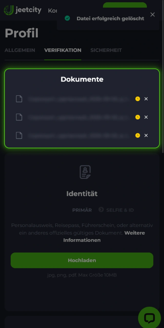 Lass deine eingereichten Dokumente für die JeetCity Verifizierung vom Support prüfen.