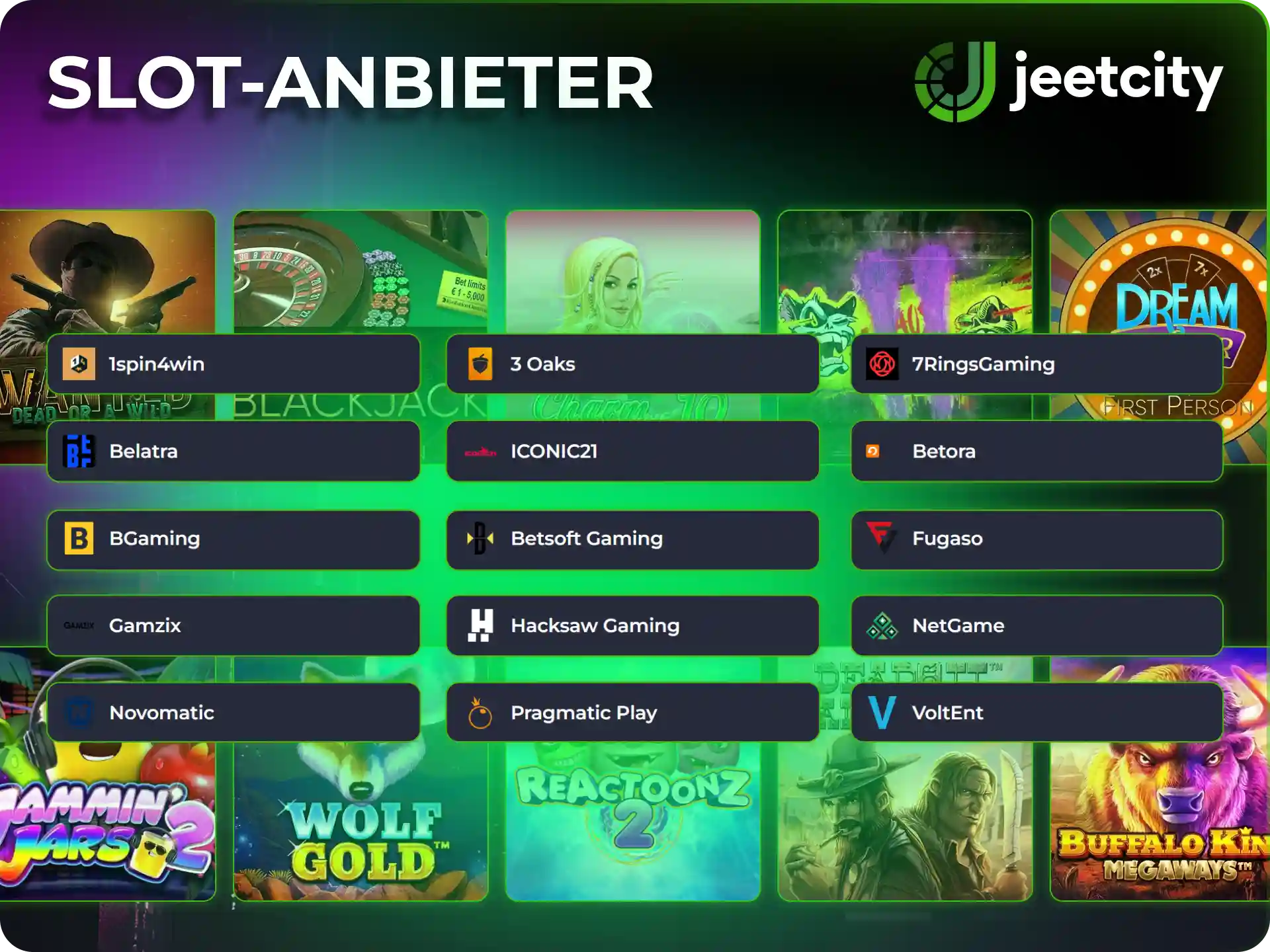 Wähle beste Slot-Spiele renommierter Software-Anbieter im JeetCity.