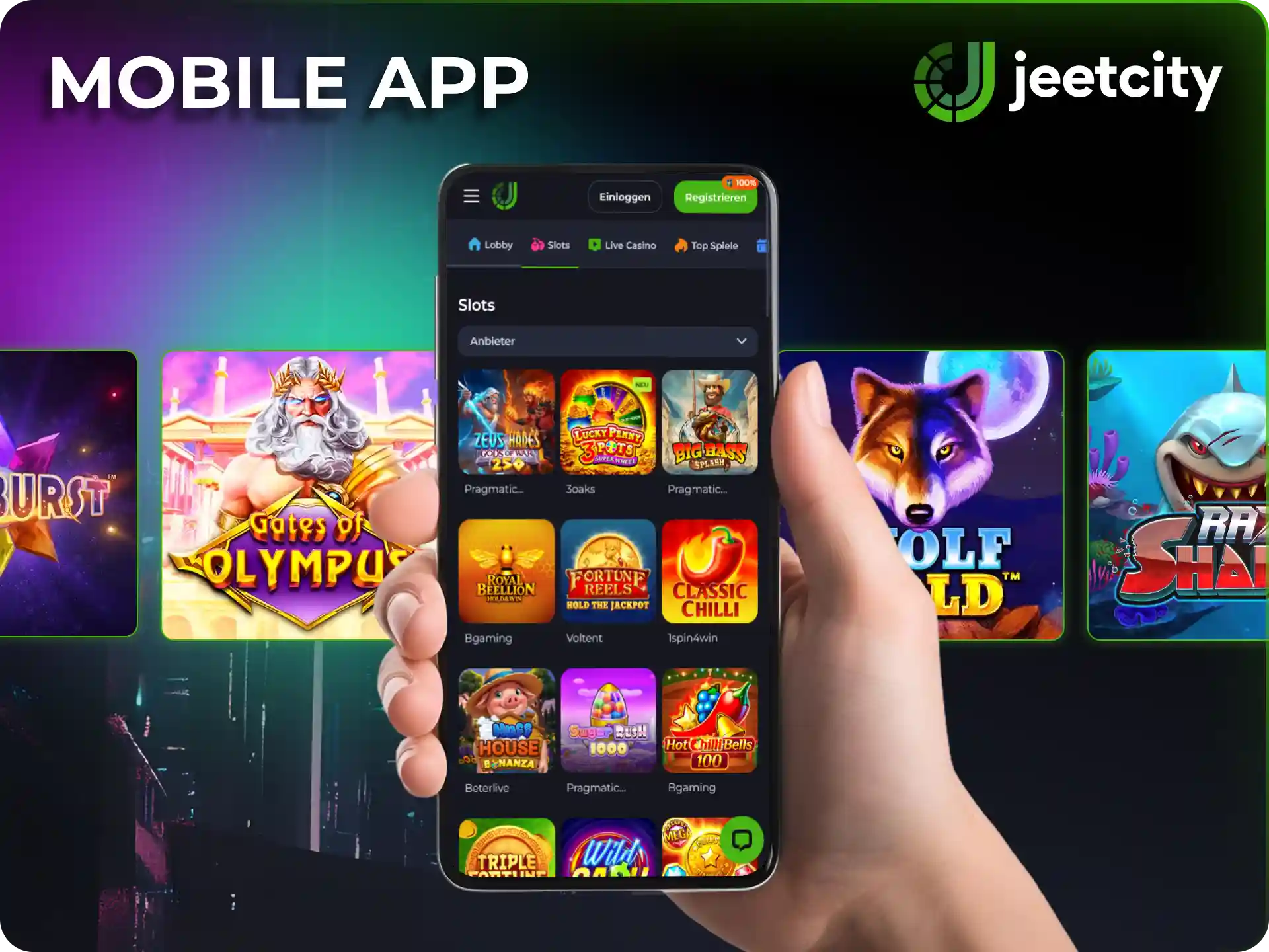 Spiele faszinierende Slot-Spiele unterwegs in der mobilen JeetCity App.