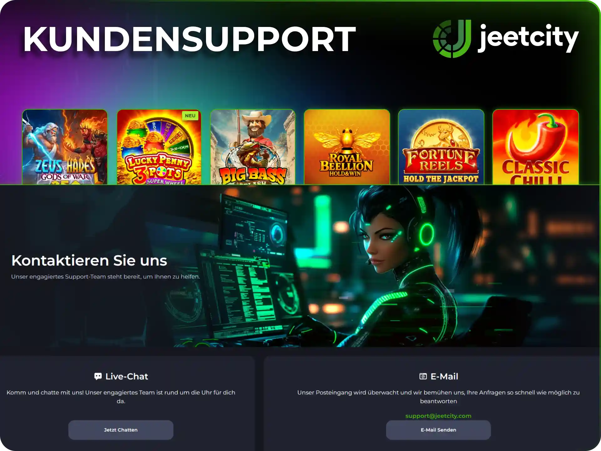 Kontaktiere den JeetCity Kundenservice bei Fragen zu den Slot-Spielen.