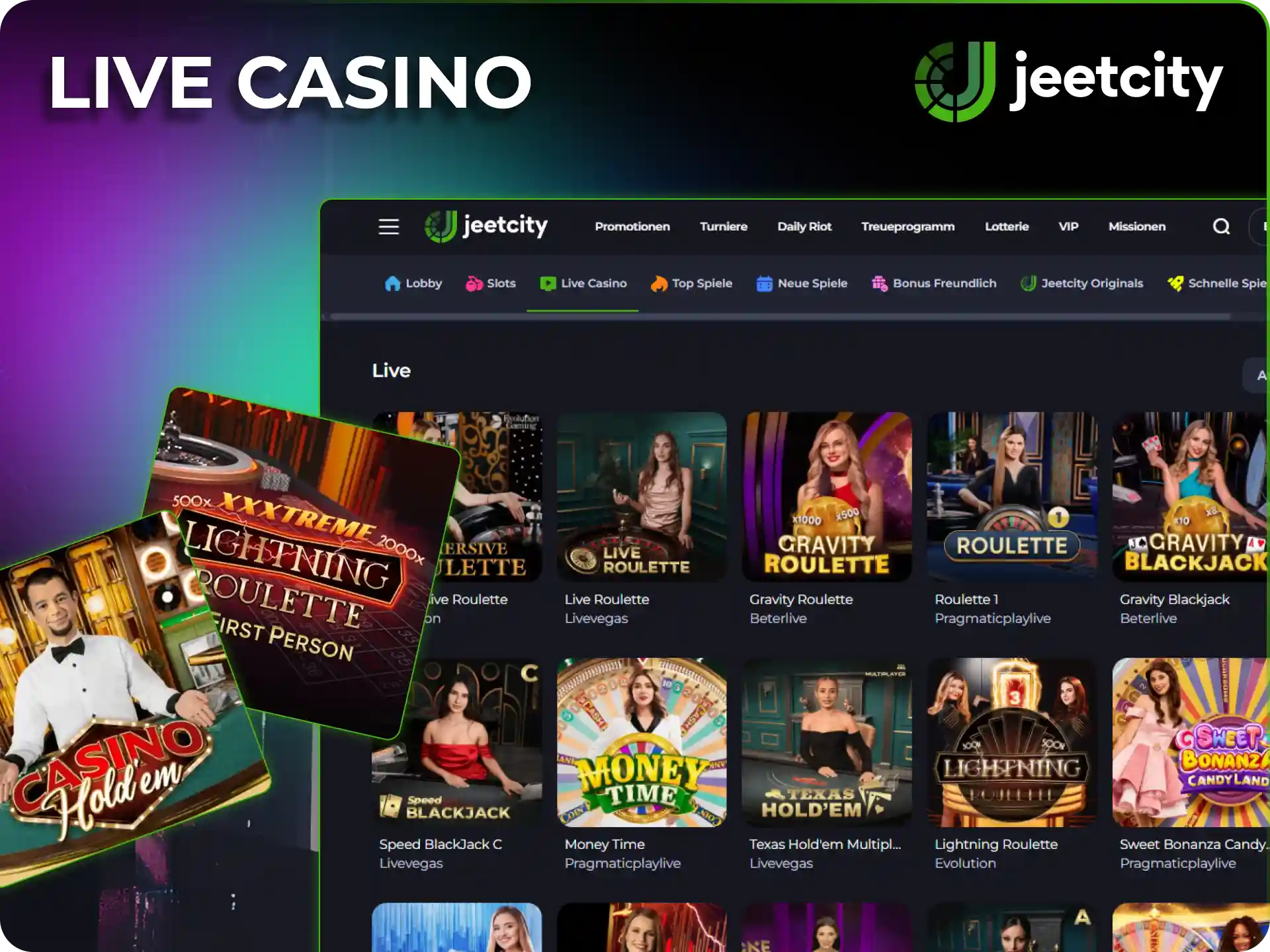 Erlebe echte Dealer an den Tischen im JeetCity Live Casino.