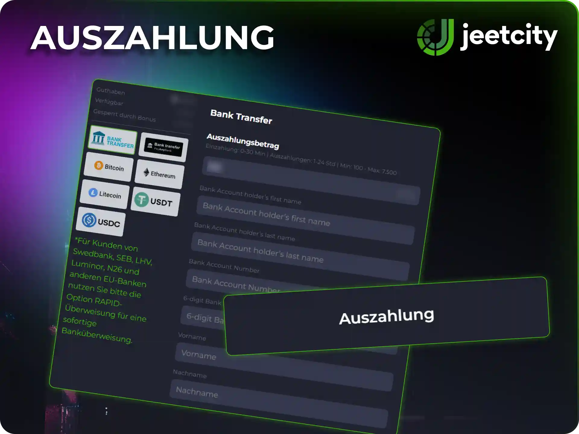 Wähle bevorzugte Zahlungsmethoden und erhalte deine JeetCity Gewinnauszahlung.