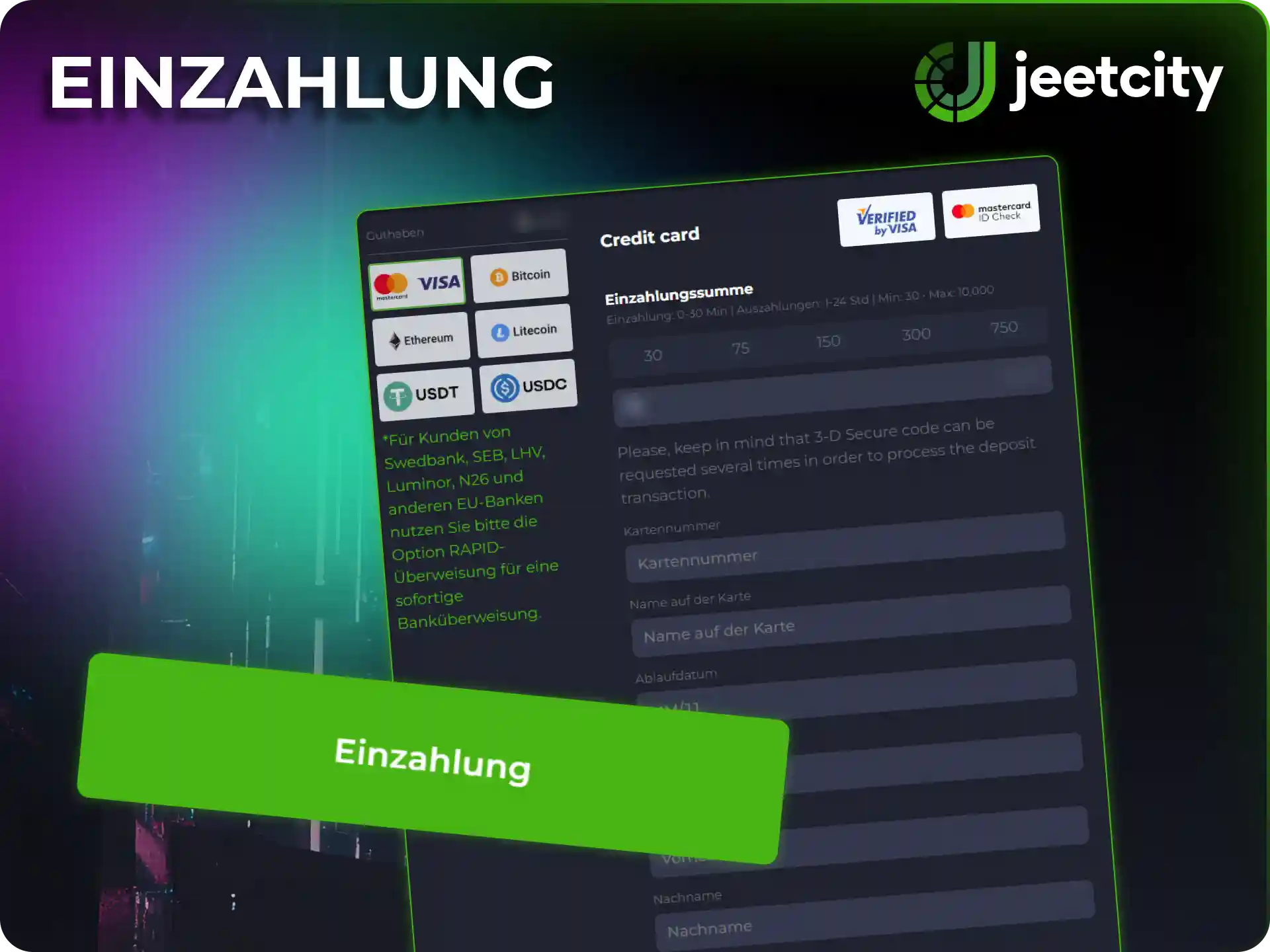 Nutze sichere Zahlungsmethoden für deine erste Einzahlung bei JeetCity.