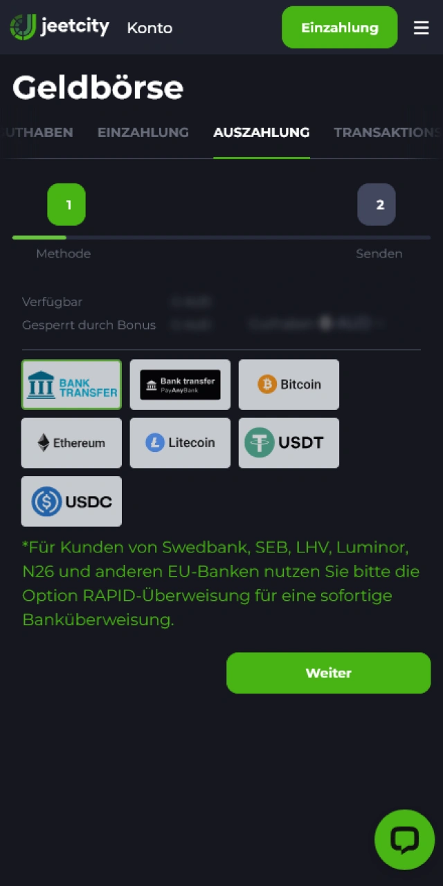 Wähle eine passende Zahlungsmethode für deine JeetCity Auszahlung aus.