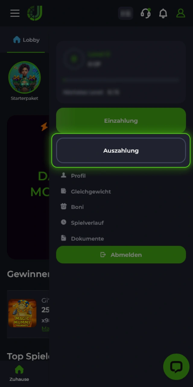 Navigiere zum JeetCity Kassenbereich für das Beantragen der Auszahlung.