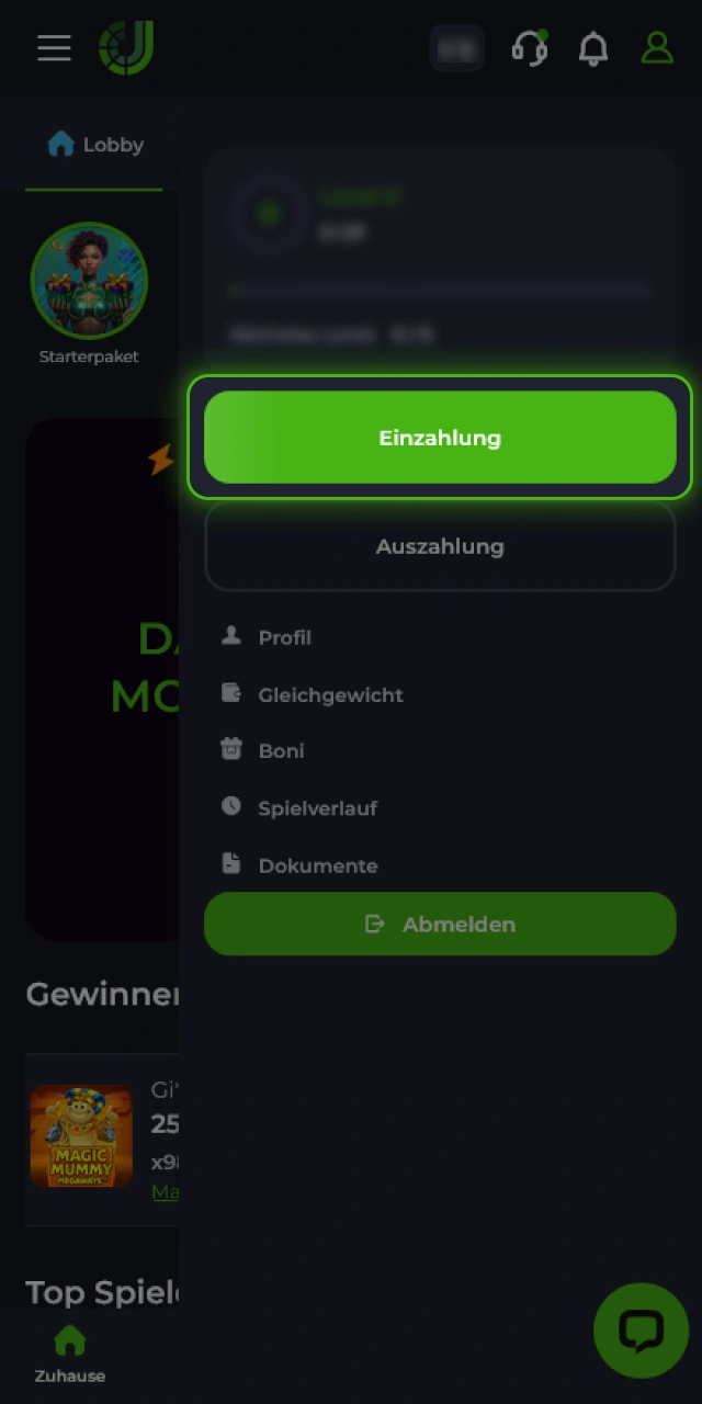 Öffne den Kassenbereich bei JeetCity für deine geplante Einzahlung.