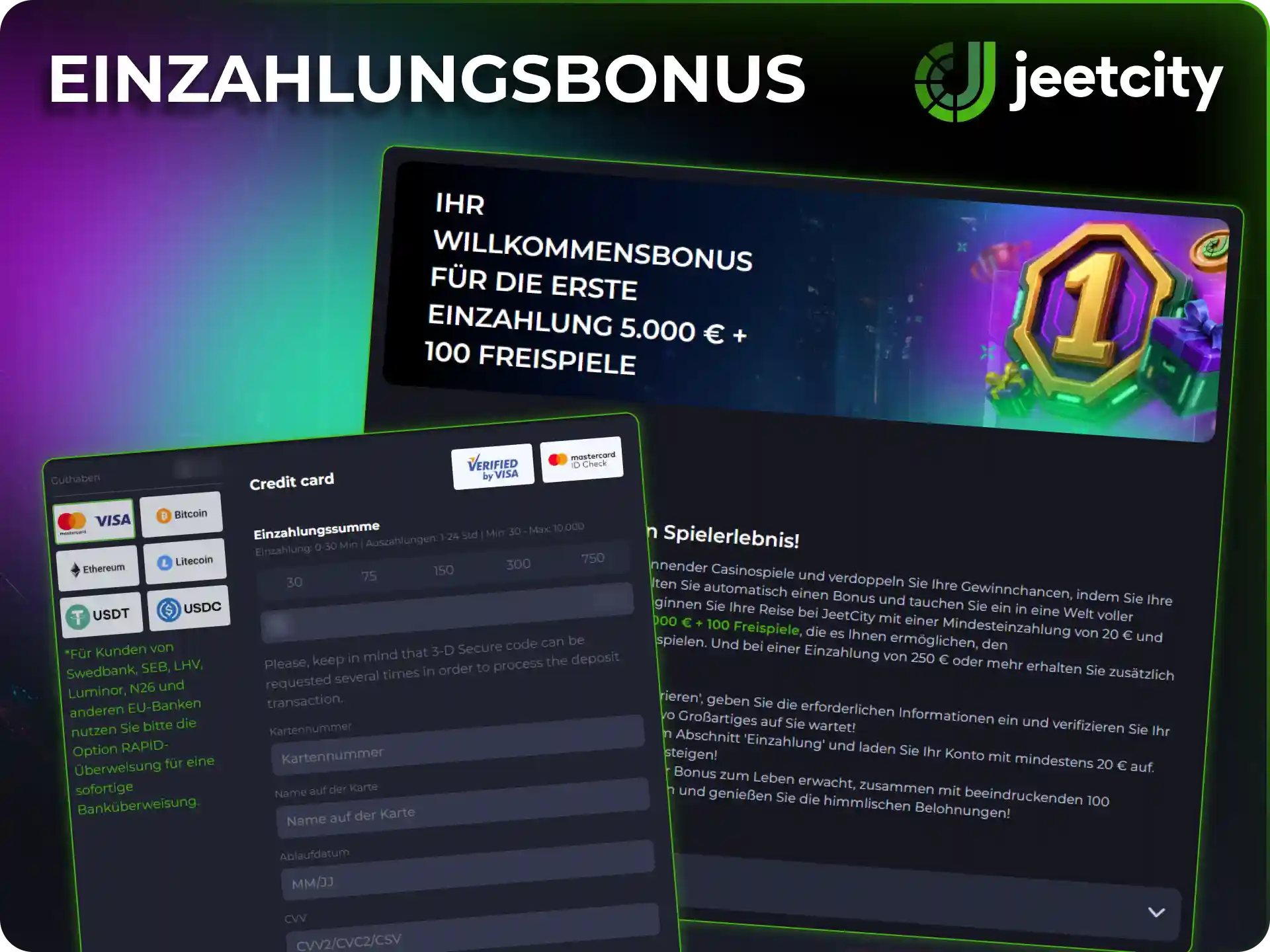 Aktiviere den JeetCity Bonus bei deiner ersten Guthabeneinzahlung.
