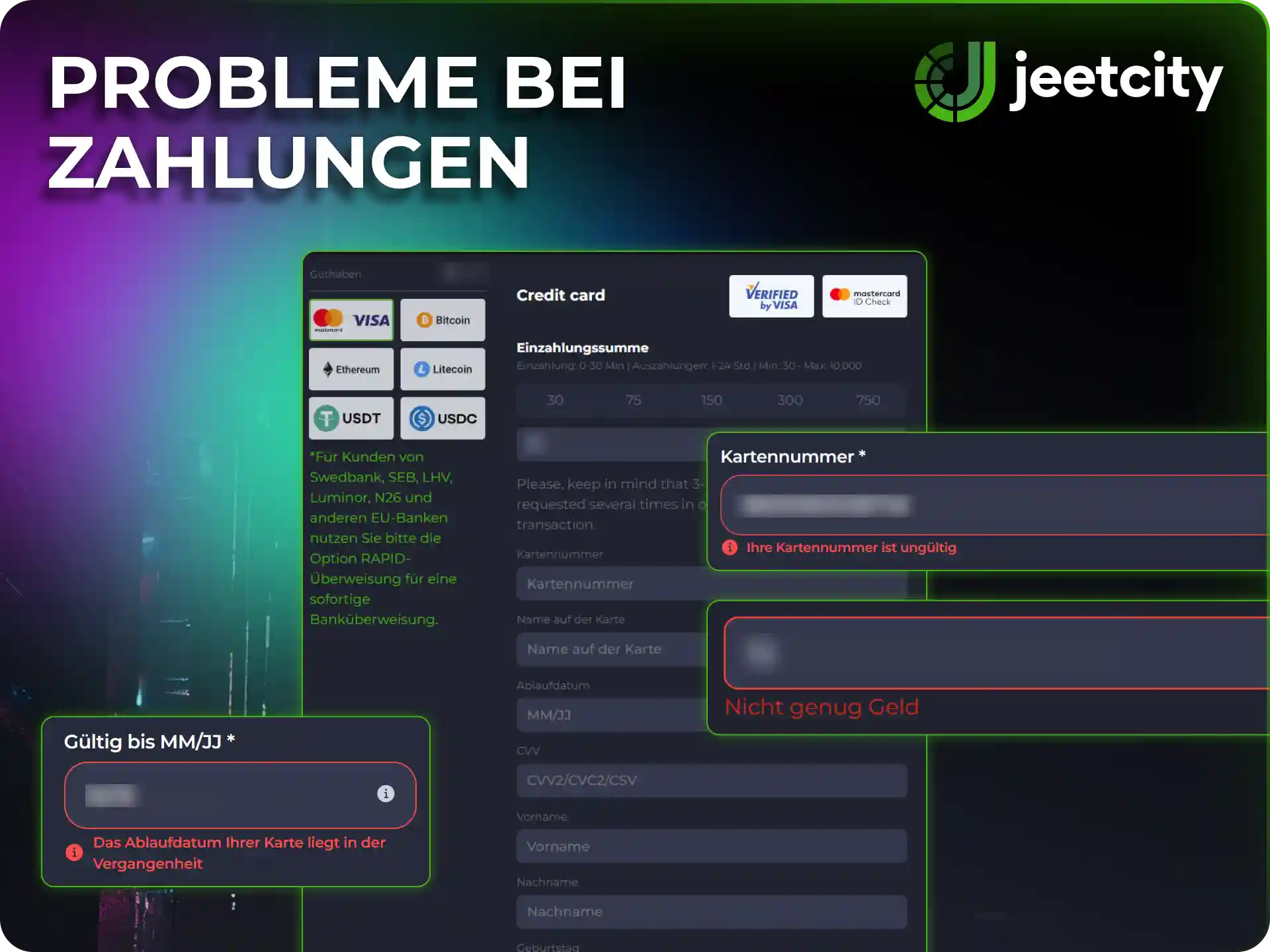 Löse eventuelle Anliegen rund um JeetCity Transaktionen und Zahlungsmethoden.